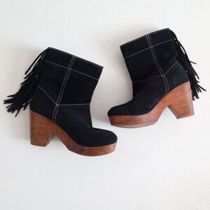 Freebird rare black suede leather Farah clog heeled boots with fringe backs
